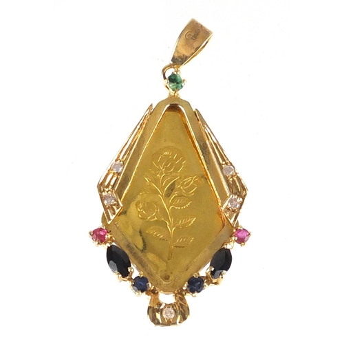 738 - Essayeur Fondeur 999.9 fine gold ingot with unmarked gold pendant mount, set with  diamond's, sapphi... 