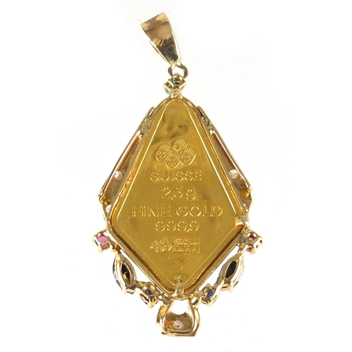 738 - Essayeur Fondeur 999.9 fine gold ingot with unmarked gold pendant mount, set with  diamond's, sapphi... 