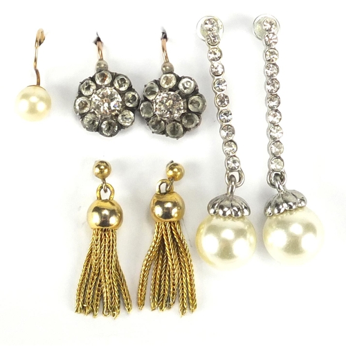 752 - Three pairs of earring's and one pearl stud including antique paste flower heads and gold coloured m... 