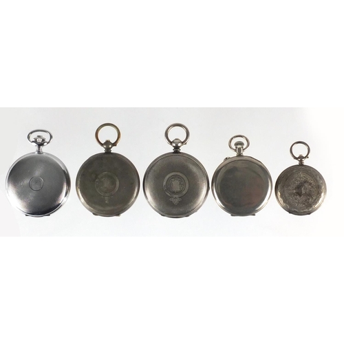 808 - Three silver open face pocket watches and two white metal pocket watches, including John Myers and o... 