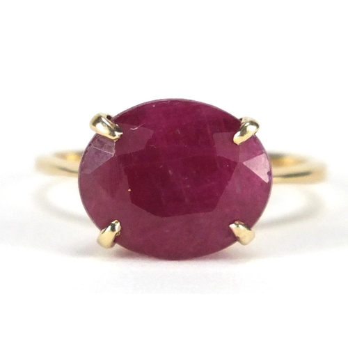 743 - 10ct gold ruby solitaire ring, impressed marks T G G C. size L, approximate weight 2.8g