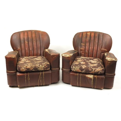 2 - Pair of Art Deco cloud back club chairs, with brown faux leather upholstery
