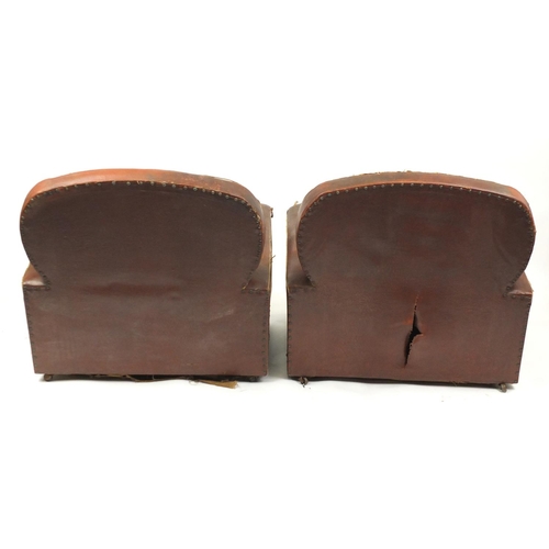 2 - Pair of Art Deco cloud back club chairs, with brown faux leather upholstery