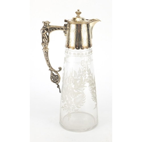 2151 - Cut glass claret jug with silver plated mounts, etched with flowers and foliage, 28cm high