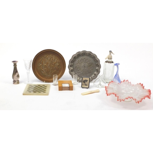 528 - Miscellaneous items including frilled glass lightshade, Schweppes soda syphon, onyx chess board and ... 