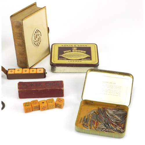 436 - Objects including ivory backed brush, dominoes, dice and vintage advertising tins