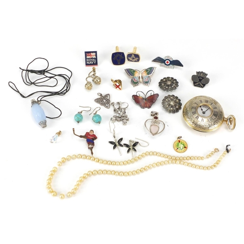 244 - Costume jewellery including a simulated pearl necklace with 9ct gold clasp, Masonic interest cuff li... 