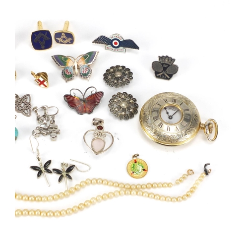 244 - Costume jewellery including a simulated pearl necklace with 9ct gold clasp, Masonic interest cuff li... 
