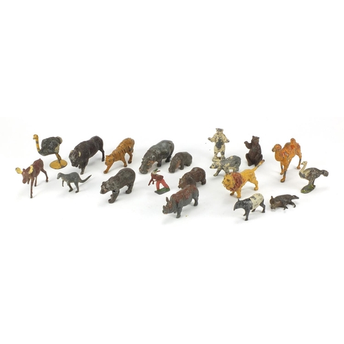 532 - Mostly hand painted lead farmyard and zoo animals including tiger, hippo, water buffalo and rhinocer... 
