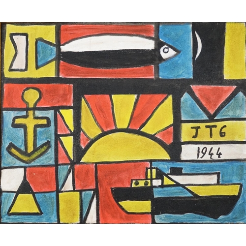 2297A - Abstract composition with boat and fish, oil on canvas board, bearing a monogram JTG, framed, 46cm x... 