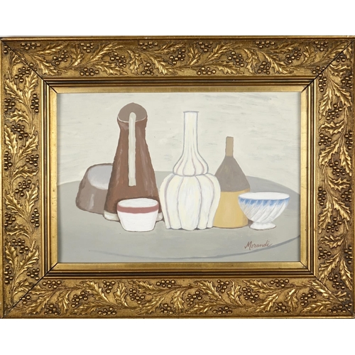 2338A - Still life kitchen pots and utensils, gouache on card, bearing a signature Morandi, mounted and fram... 