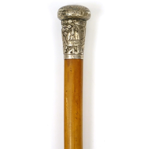 112 - Malacca walking cane with Chinese silver pommel embossed with figures, impressed marks, 88cm in leng... 
