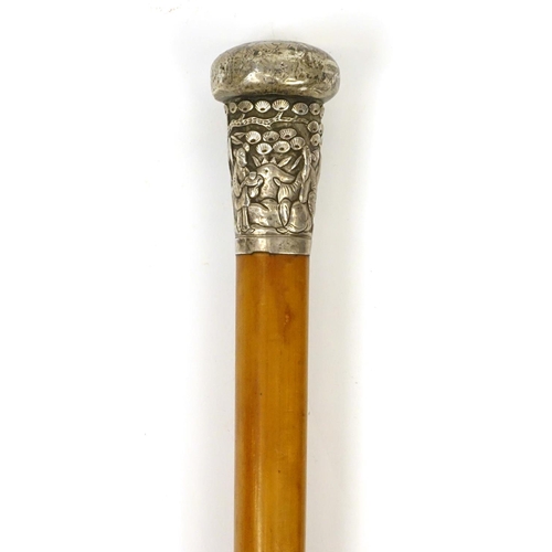 112 - Malacca walking cane with Chinese silver pommel embossed with figures, impressed marks, 88cm in leng... 