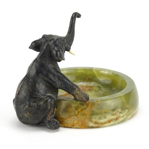 546 - Art Deco patinated bronze and onyx elephant design dish, 14.5cm high