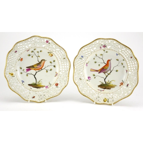430 - Pair of Meissen porcelain plates with pierced borders, hand painted with birds and insects, cross sw... 