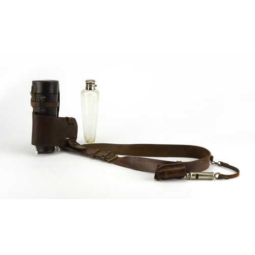 78 - Early 20th Century glass saddle flask with silver plated mounts and leather case, the silver plated ... 