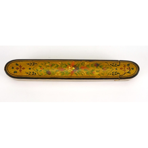 406 - Middle Eastern lacquered Qalamdan, hand painted with flowers and foliage, 22cm in length