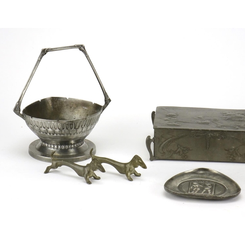 555 - Art Nouveau pewter and a WMF brass mounted box, the pewter including a casket embossed with a female... 