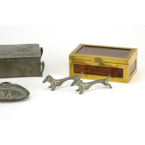 555 - Art Nouveau pewter and a WMF brass mounted box, the pewter including a casket embossed with a female... 