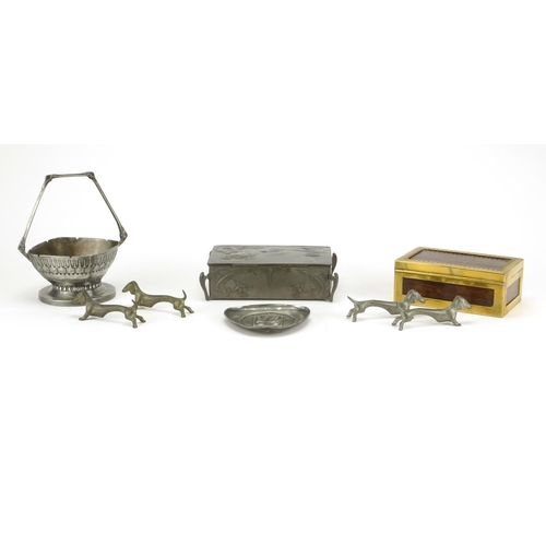 555 - Art Nouveau pewter and a WMF brass mounted box, the pewter including a casket embossed with a female... 