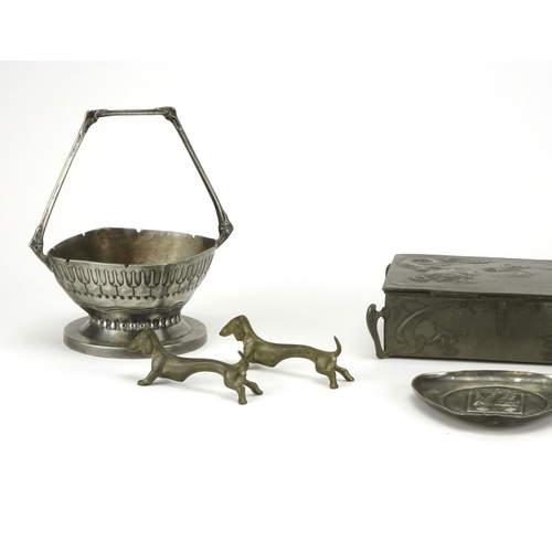 555 - Art Nouveau pewter and a WMF brass mounted box, the pewter including a casket embossed with a female... 