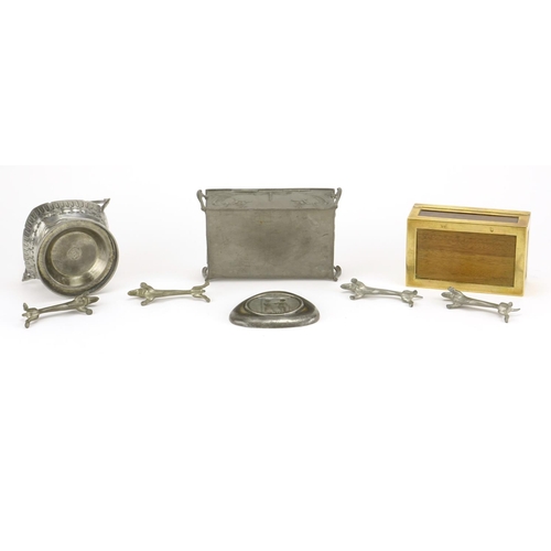 555 - Art Nouveau pewter and a WMF brass mounted box, the pewter including a casket embossed with a female... 