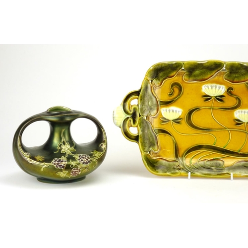 2423 - Alexandra porcelain works vase with twin handles, together with an Art Nouveau pottery vase and tray... 