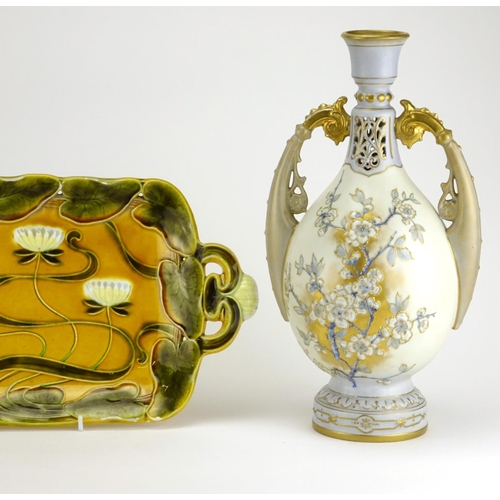 2423 - Alexandra porcelain works vase with twin handles, together with an Art Nouveau pottery vase and tray... 