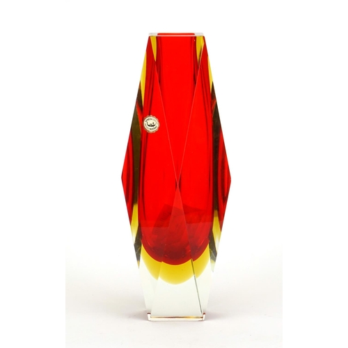 2112 - Large Murano Sommerso faceted three colour glass vase with paper label, 30.5cm high