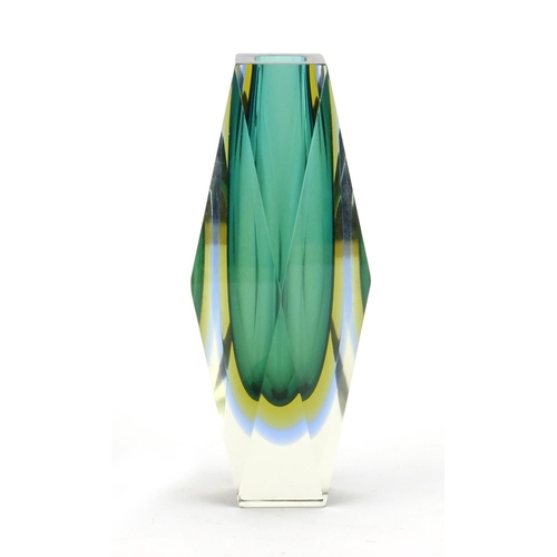 2114 - Large Murano Sommerso faceted four colour glass vase, 21cm high