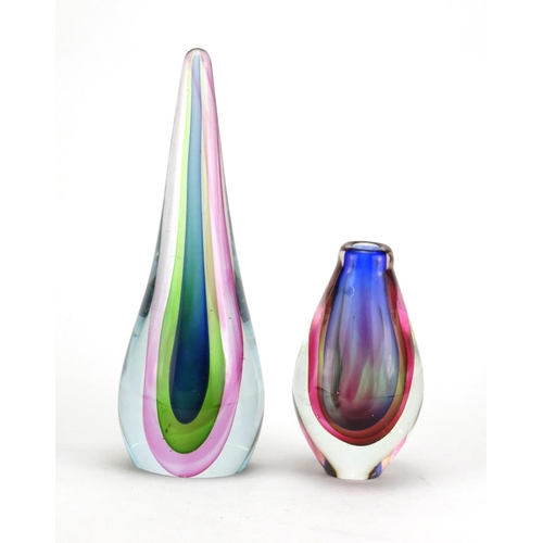 2199 - Large Murano four colour tear drop glass paperweight and a similar vase, the largest 28cm high