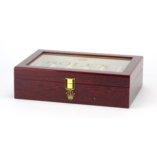 2266 - Rolex cherry wood dealers display watch box, 9cm H x 31cm W x 21cm D