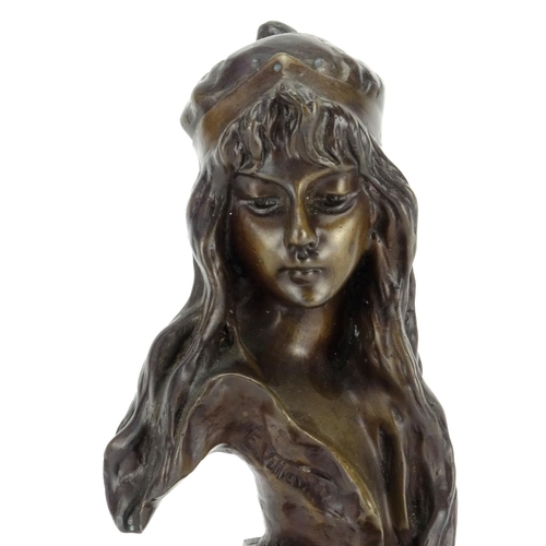 2146 - Patinated bronze bust of an Art Nouveau female raised on a square black marble base, 29.5cm high