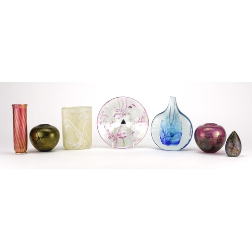 2418 - Isle of Wight glassware including and iridescent bowl, lollypop vase and paperweight, four with pape... 