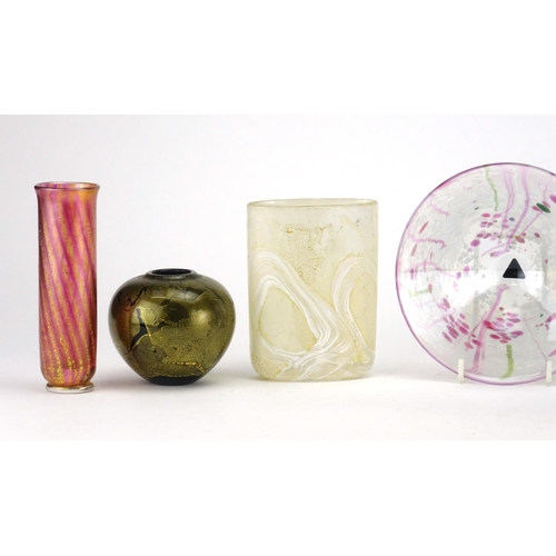 2418 - Isle of Wight glassware including and iridescent bowl, lollypop vase and paperweight, four with pape... 