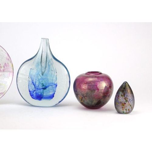 2418 - Isle of Wight glassware including and iridescent bowl, lollypop vase and paperweight, four with pape... 