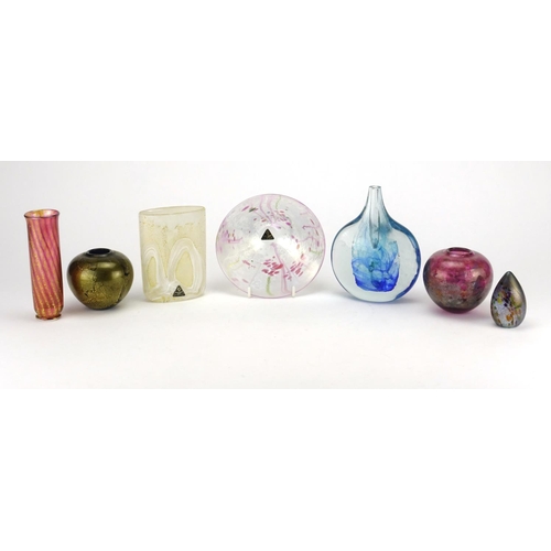 2418 - Isle of Wight glassware including and iridescent bowl, lollypop vase and paperweight, four with pape... 