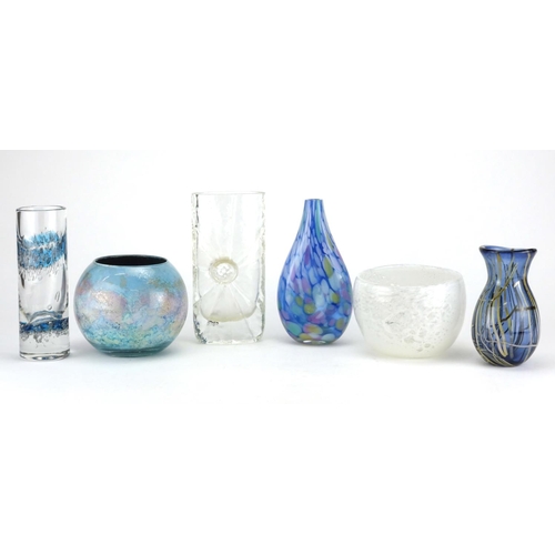 2384 - Six art glass vases including a teardrop example and clear Galsbruk Kosta example with etched marks ... 