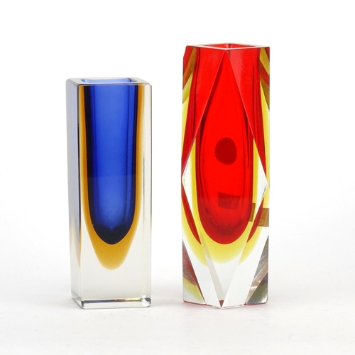 2118 - Two Murano Sommerso three colour glass vases including a faceted example with paper labels, the larg... 