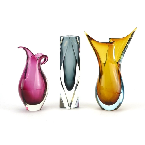2122 - Three Murano Sommerso glass vases including a faceted example, the largest 23.5cm high