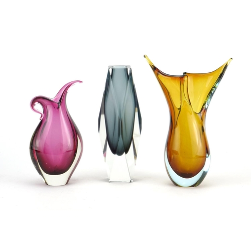 2122 - Three Murano Sommerso glass vases including a faceted example, the largest 23.5cm high