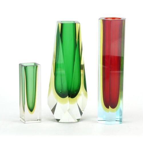 2116 - Three Murano Sommerso three colour glass vases including a hexagonal example, the largest 22cm high