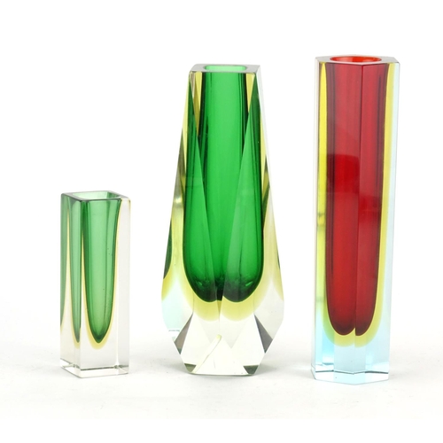2116 - Three Murano Sommerso three colour glass vases including a hexagonal example, the largest 22cm high