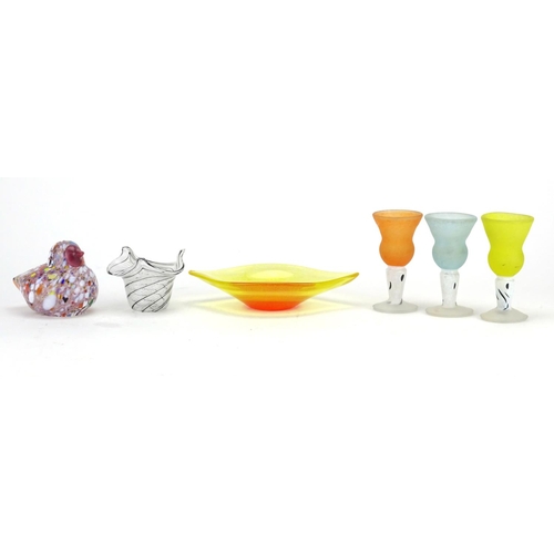 2145 - Kosta Boda glassware and a Murano basket comprising three goblets, bird paperweight and a pin dish f... 