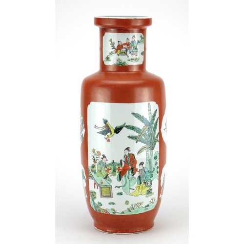 2161 - Chinese porcelain vase, hand painted in the famille verte palette with panels of figures in an inter... 