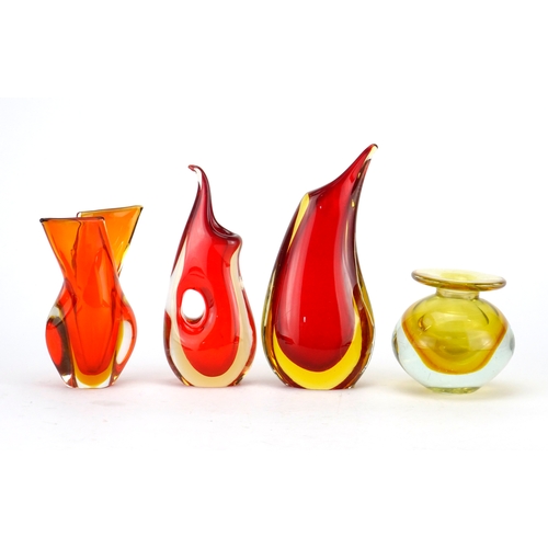 2349 - Four Murano Sommerso glass vases including two tear drop examples, one with paper label,  the larges... 