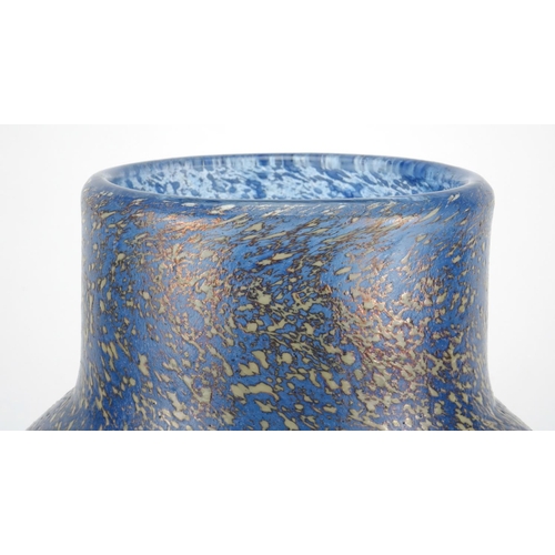 470 - Monart ovoid blue glass vase with textured swirl design, applied white splatters and gold flecking, ... 