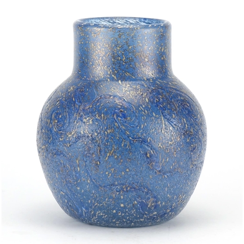 470 - Monart ovoid blue glass vase with textured swirl design, applied white splatters and gold flecking, ... 
