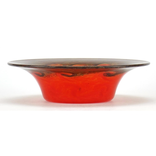 471 - Monart glass bowl with flared rim, having a swirl design, red body and gold flecking around the rim,... 