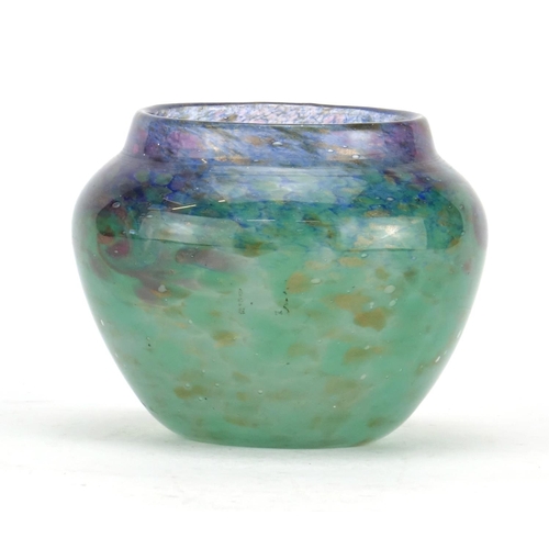 472 - Monart purple and green glass vase, having a swirl design with gold flecking, 10.5cm high